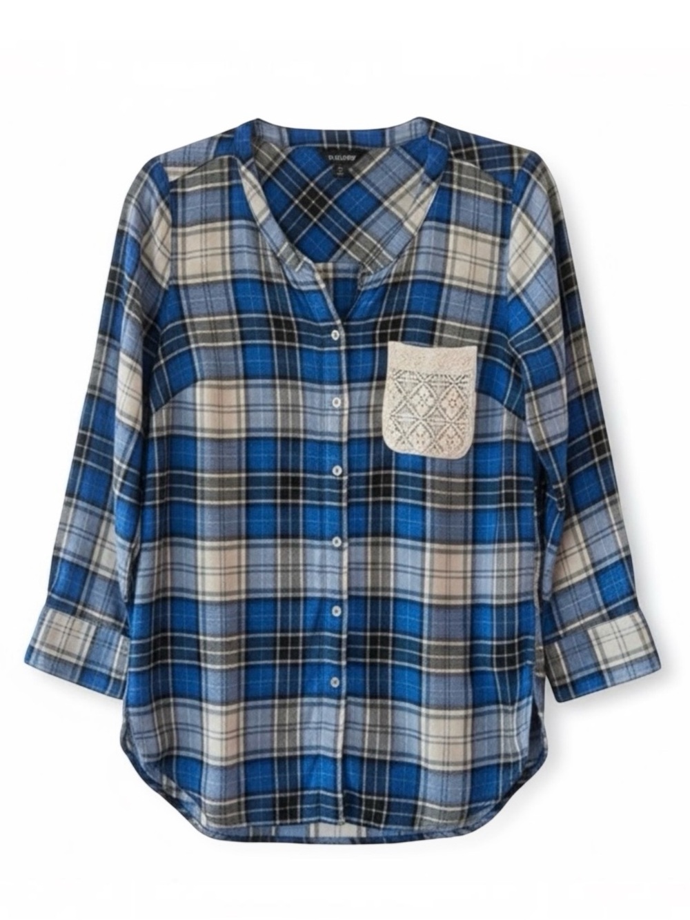 Lucky Brand Blue Plaid Lace Pocket Button Down Shirt Womens XS